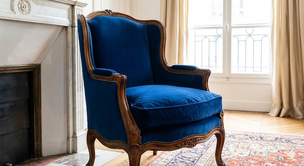 Fauteuil Bergère retapissé en velours bleu