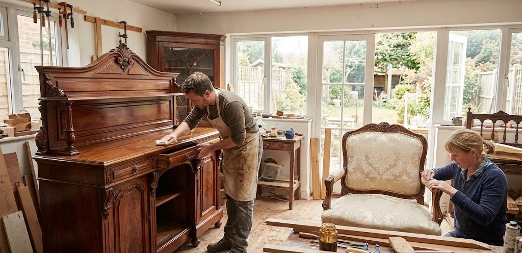 Antique furniture restoration in progress in our workshop