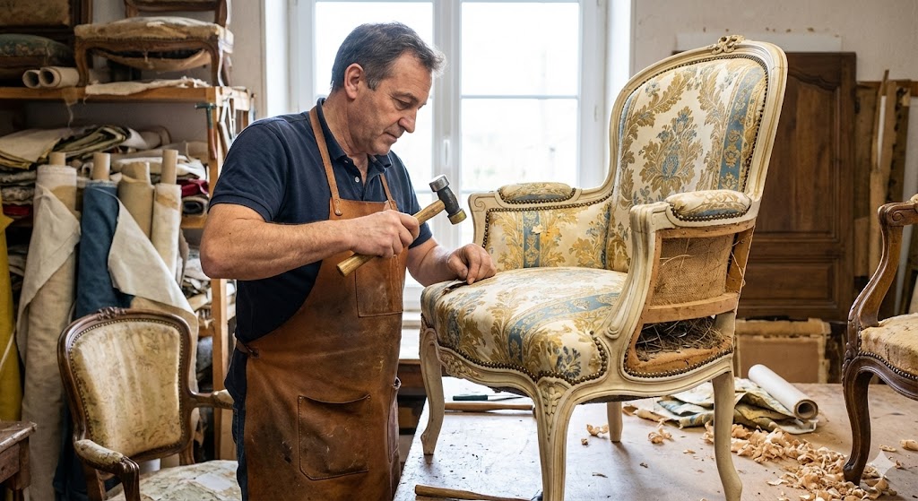 Upholsterer craftsman working on a chair