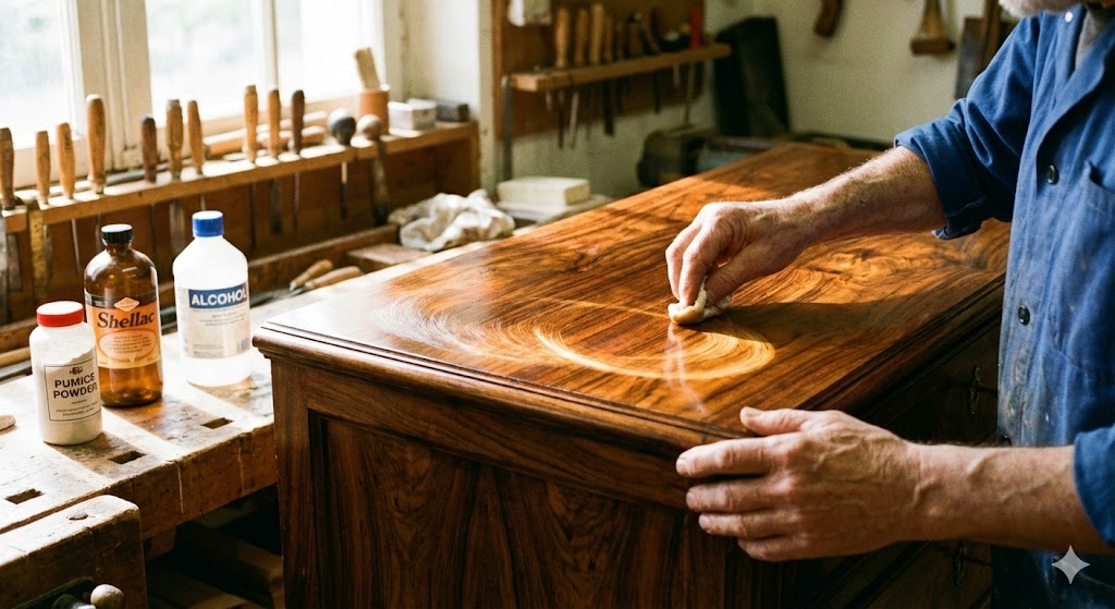 French polishing being applied to a piece of furniture